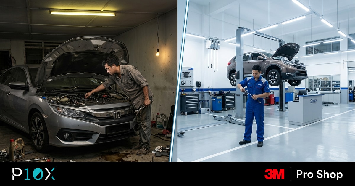 DIY vs professional car maintenance in Malaysia shown as a split scene of home checks and workshop repair