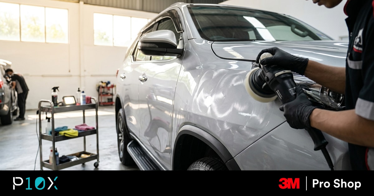 Professional car detailing service Malaysia buffing an SUV to a shine