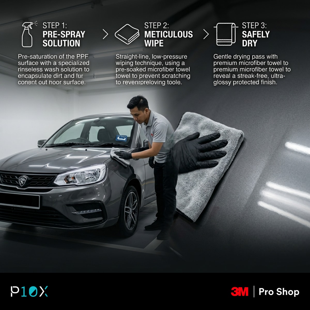 Step by step rinseless wash flow for a PPF car in a condo