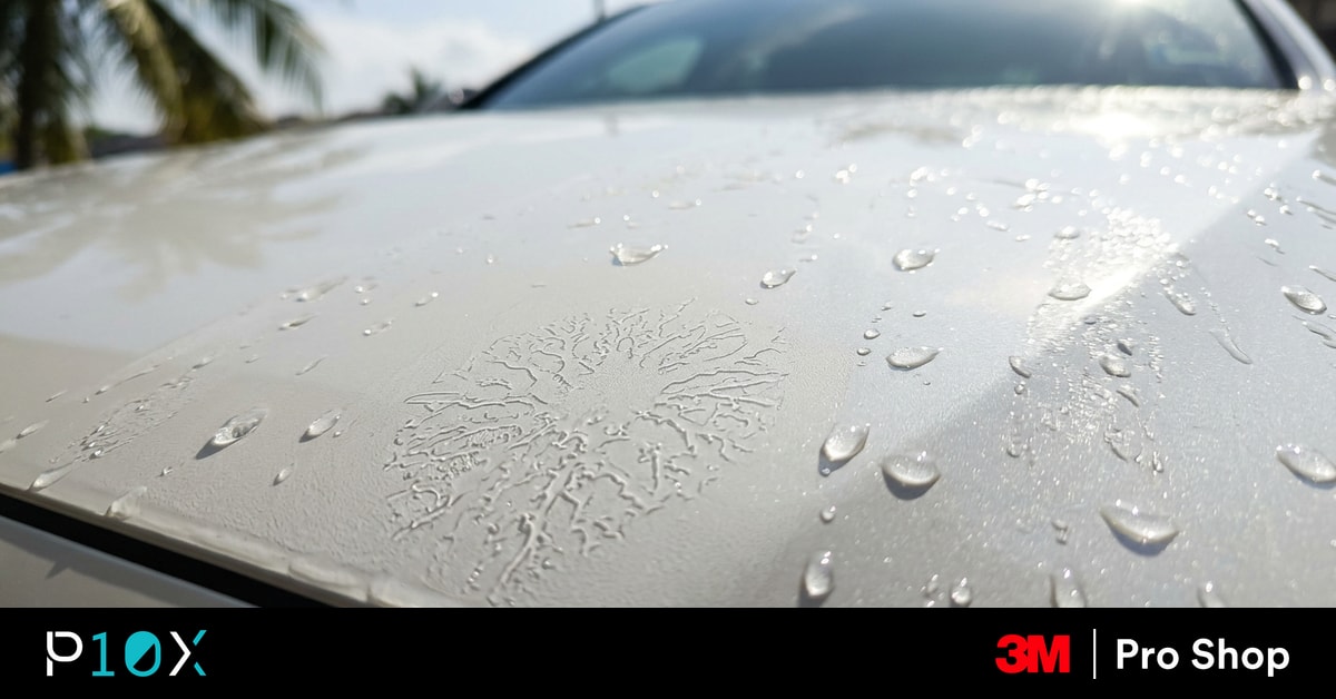 Water etching on PPF drying on a white car bonnet under Malaysian sun