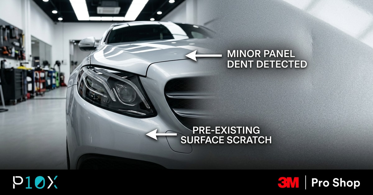 Check paint before PPF in Malaysia, arrow pointing at hidden bumper and bonnet defects on a silver car.