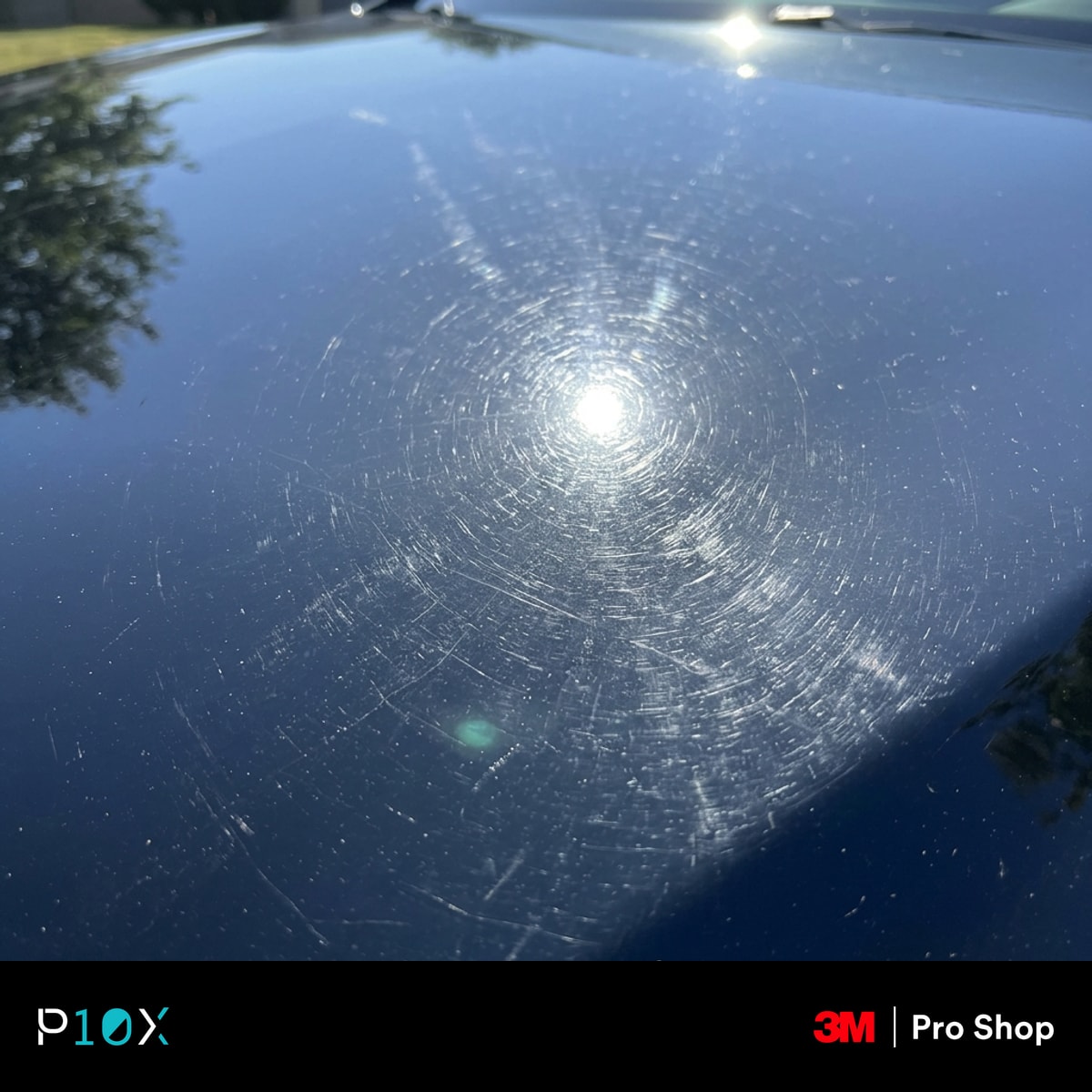 Checking car paint at a low angle in direct sunlight to reveal swirl marks
