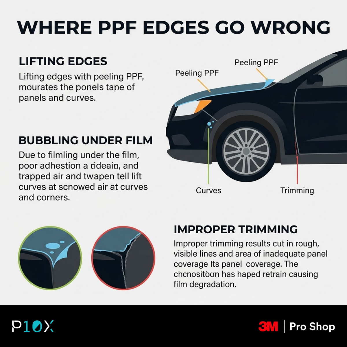 Prompt Create a 1200 x 1200 flat infographic titled WHERE PPF EDGES GO WRONG. Sh