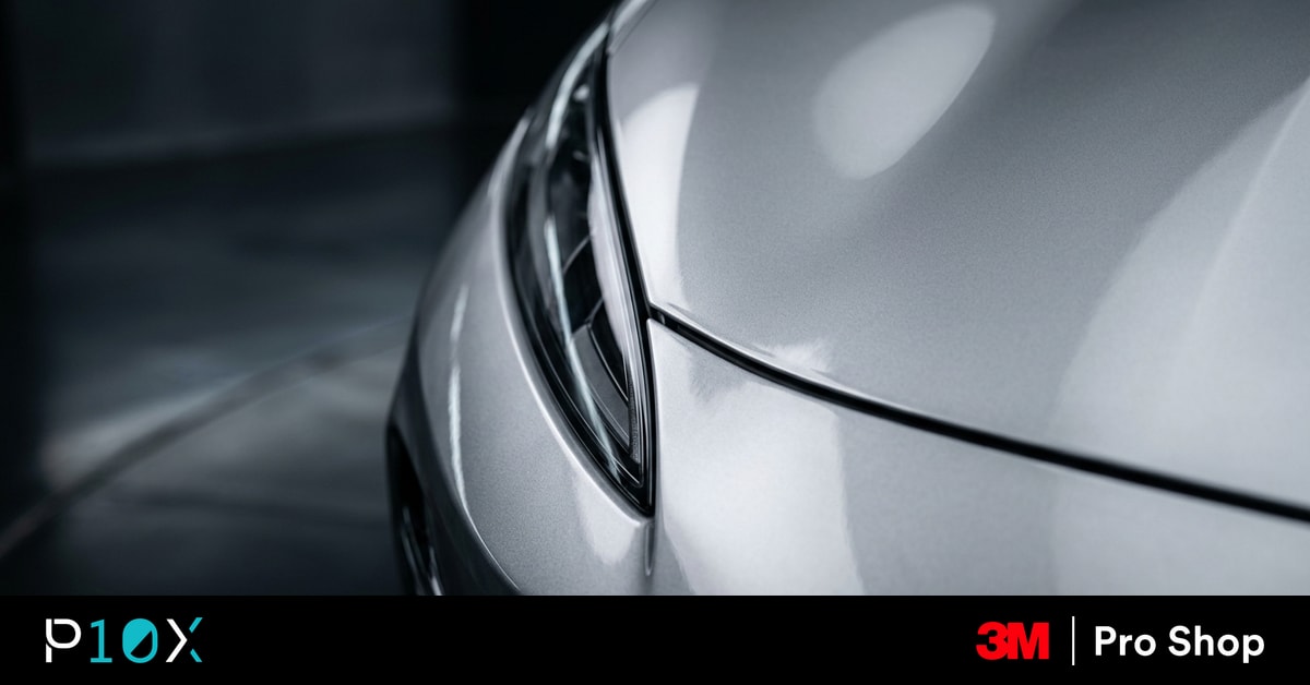 Silver Denza Z9GT grand tourer in a dark studio with clear 3M paint protection film on the front end.