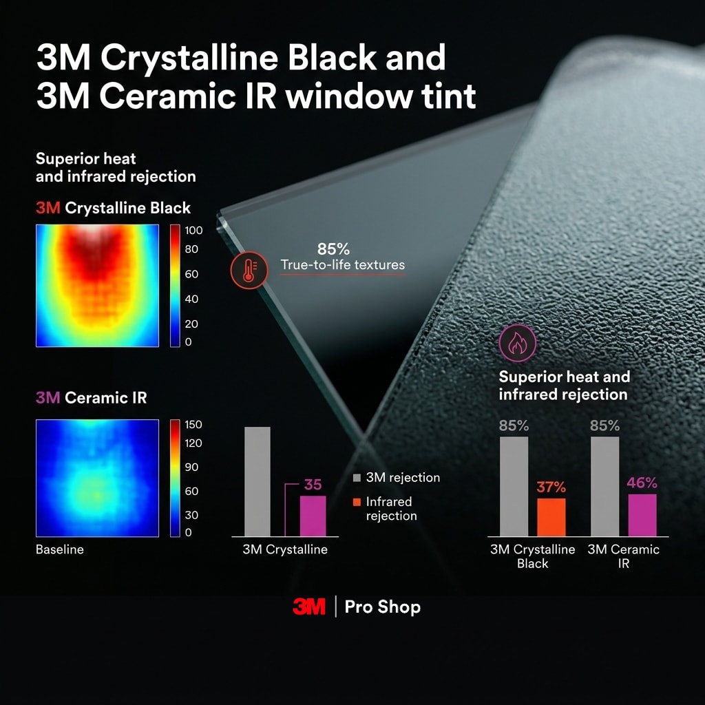 Infographic comparing 3M Crystalline Black, Ceramic IR and XP window tint heat and infrared rejection.