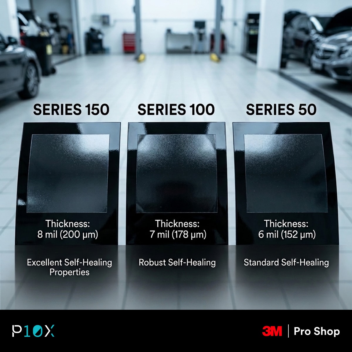 Comparison table of 3M PPF Series 150, 100 and 50 thickness, self-healing and warranty.