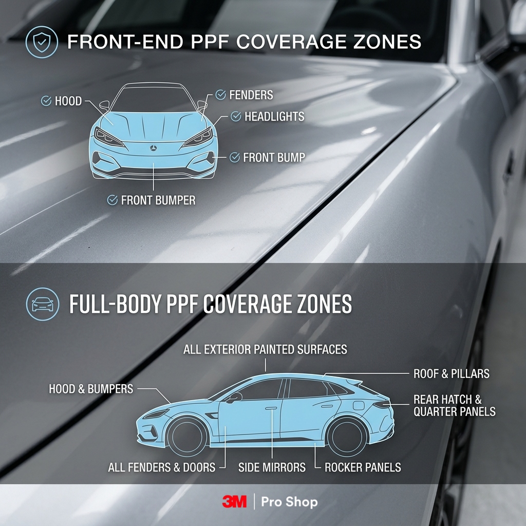 Infographic comparing front-end versus full-body 3M PPF coverage zones on a Denza Z9GT.