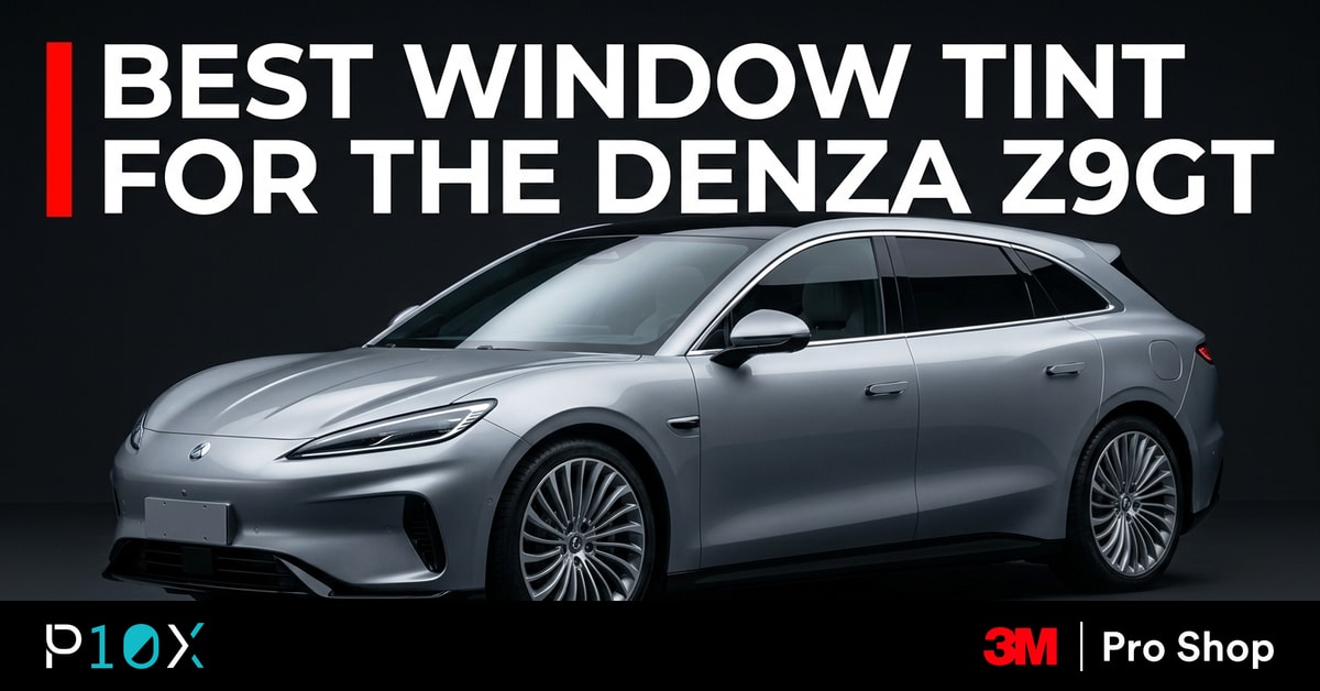Silver Denza Z9GT grand tourer in a dark studio showing clean 3M Crystalline window tint.