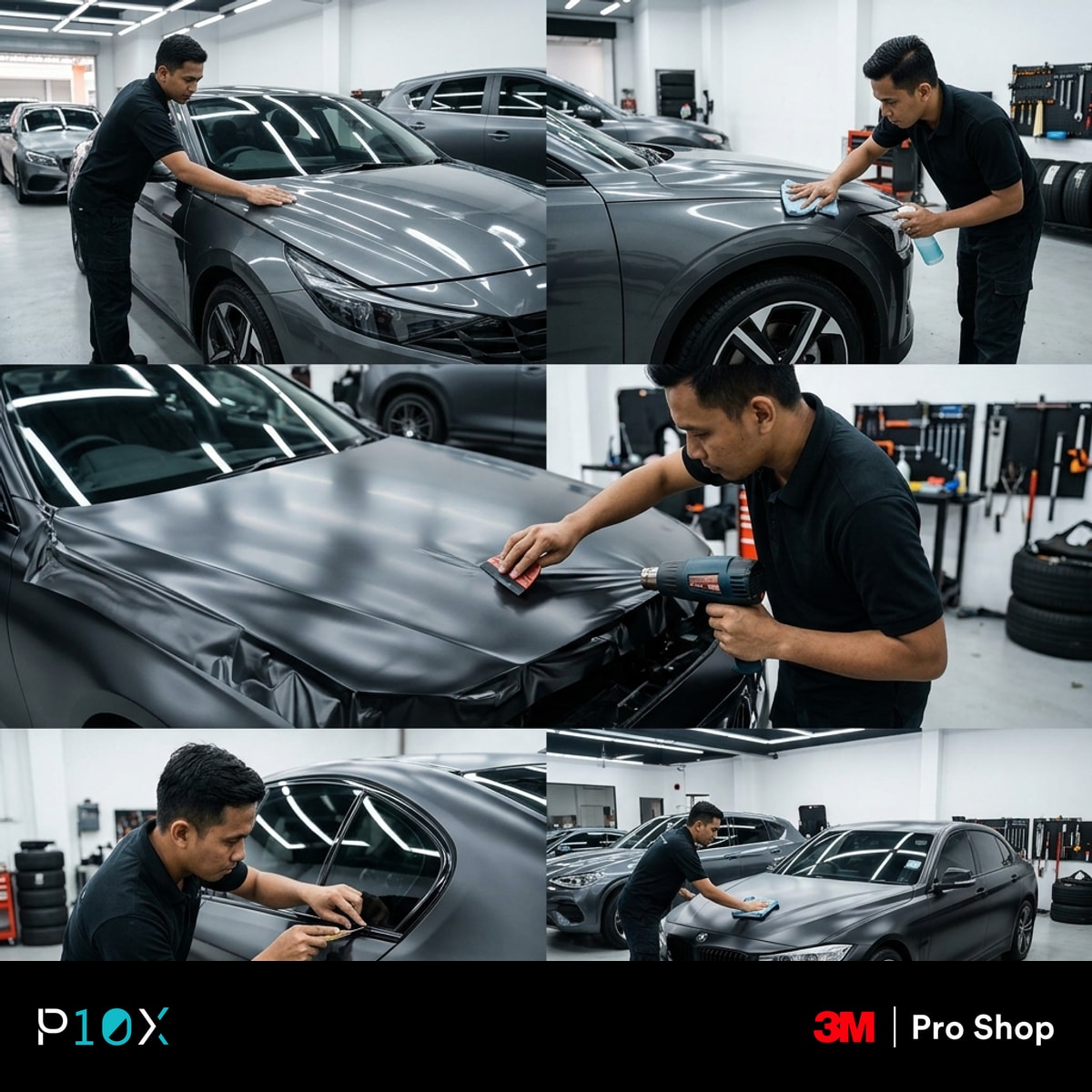 Car wrapping service installation steps shown stage by stage from inspection to handover