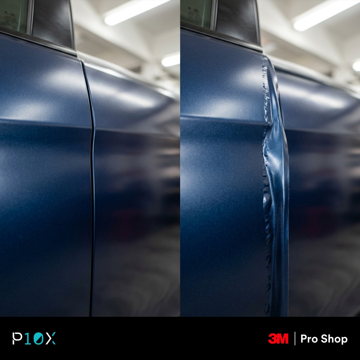 Car wrap edge quality comparison showing a clean tucked edge versus a lifted bubbled edge