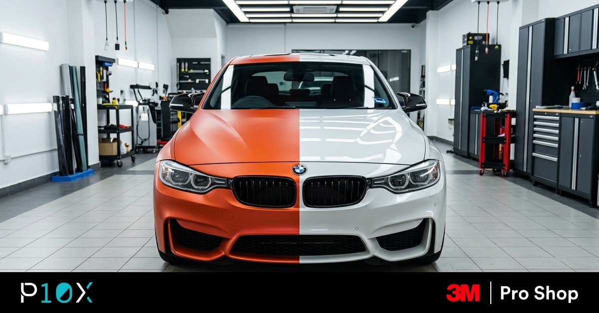 Car wrap vs PPF in Malaysia, a split car showing a colour wrap beside clear paint protection film