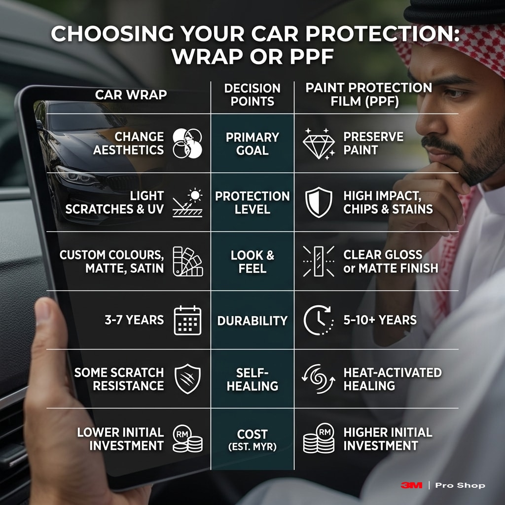 Car wrap vs PPF decision matrix helping Malaysian drivers choose by goal