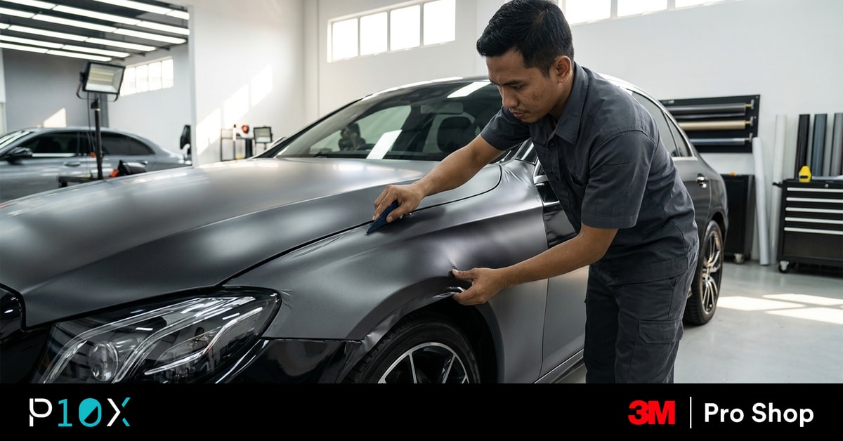 Car wrapping service in Malaysia with an installer smoothing vinyl film on a luxury sedan