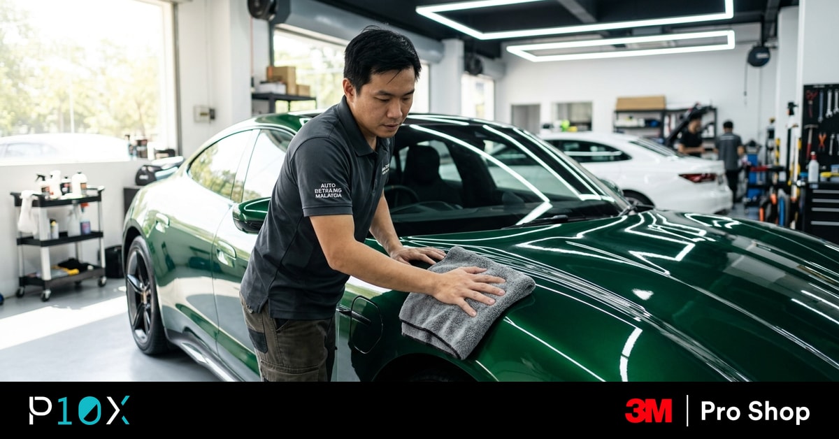 Car wrap care in Malaysia, drying a freshly washed glossy wrapped car with microfibre