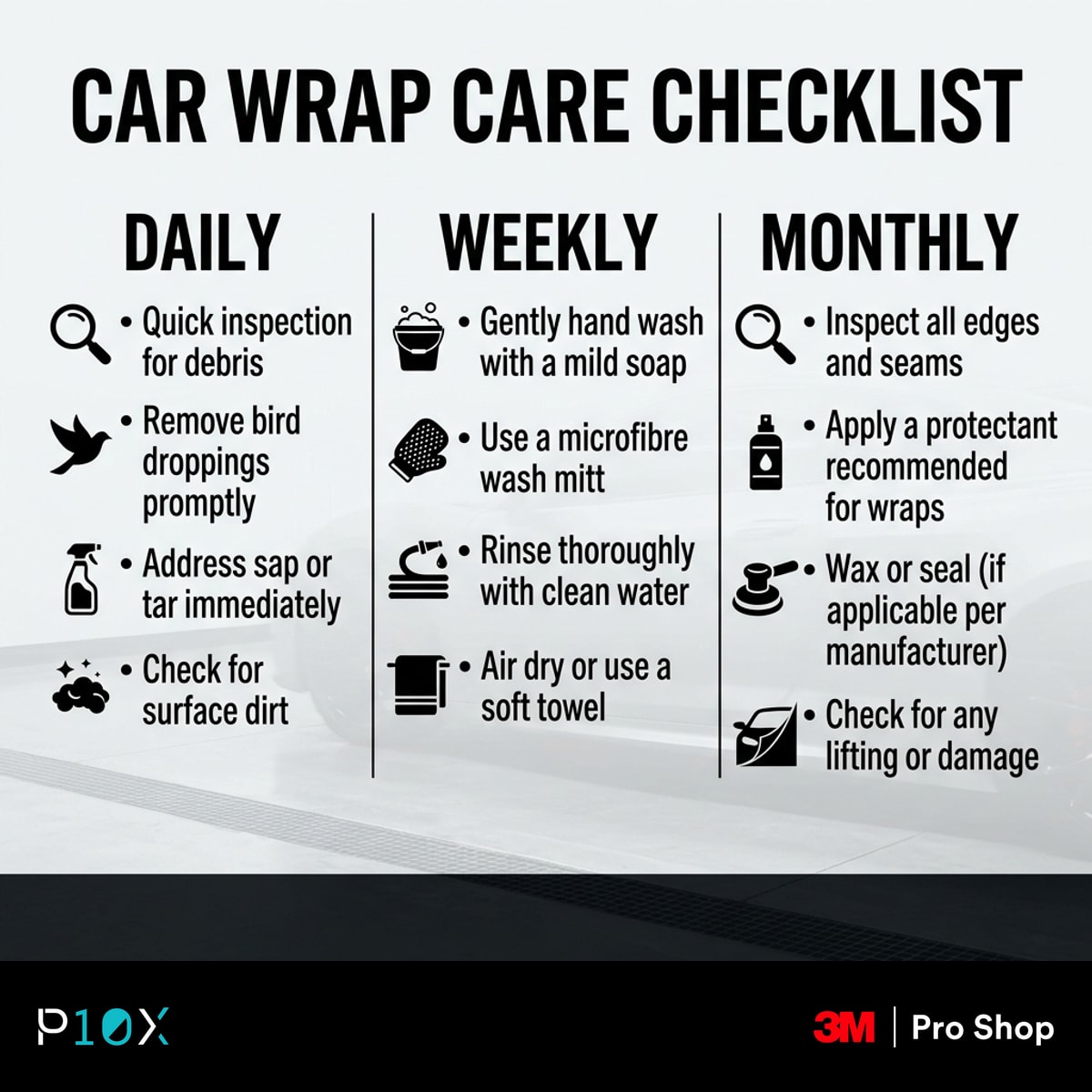 Car wrap care checklist with daily, weekly, and monthly maintenance tasks