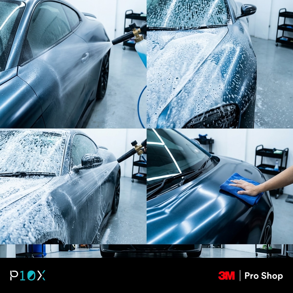 Car wrap care wash routine showing four safe steps for washing a wrapped car