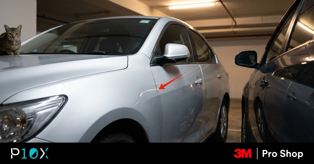 Silver car with PPF showing light key, door and animal scratch contact zones.