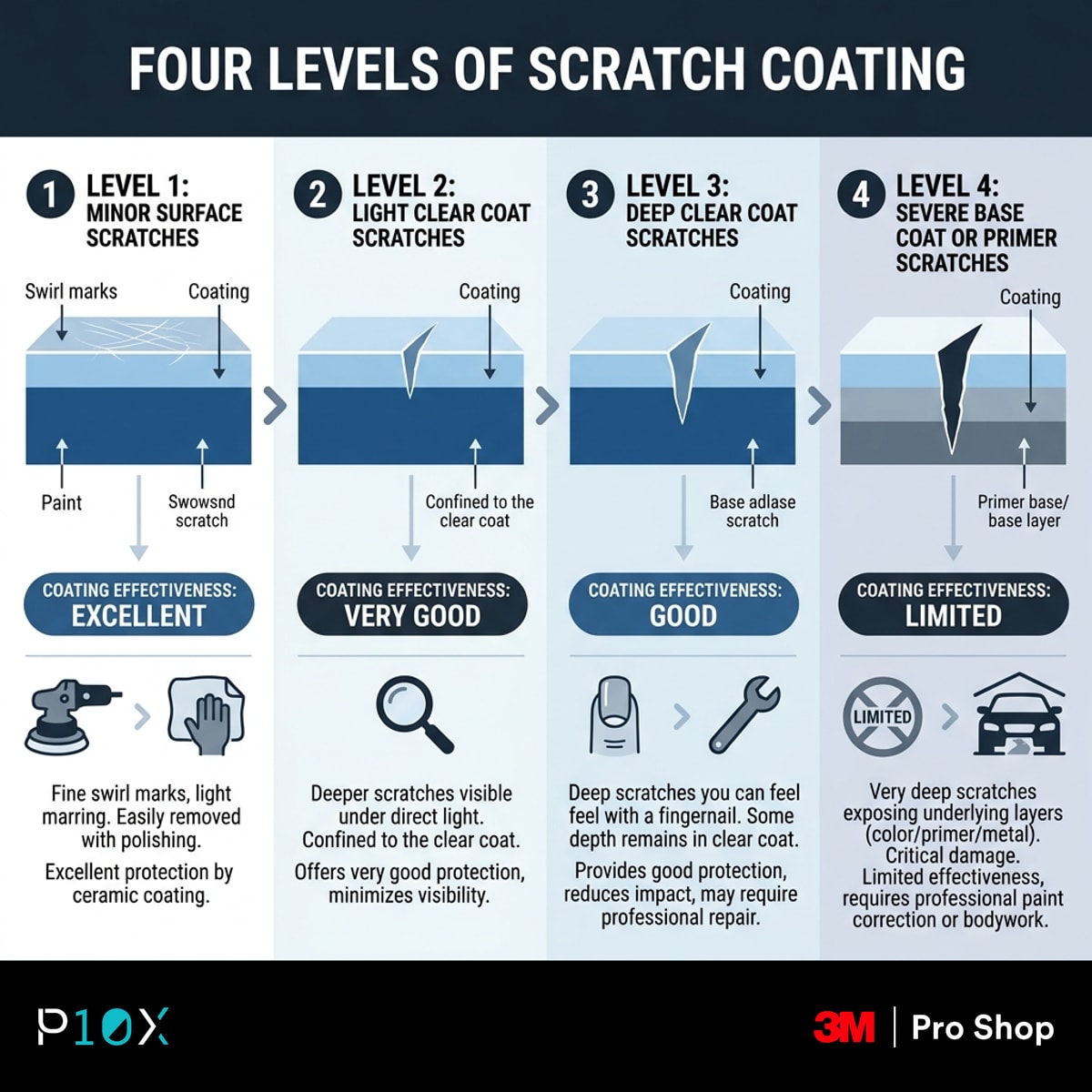 Infographic comparing light scratches, scuffs, deep gouges and blunt impacts on PPF.