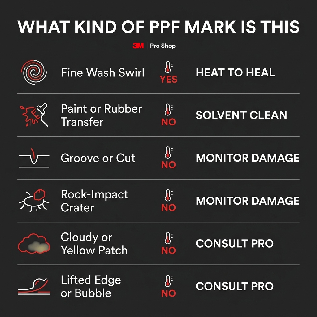 PPF scratch diagnosis infographic comparing healable surface marks with cuts, stains, and lifted edges.