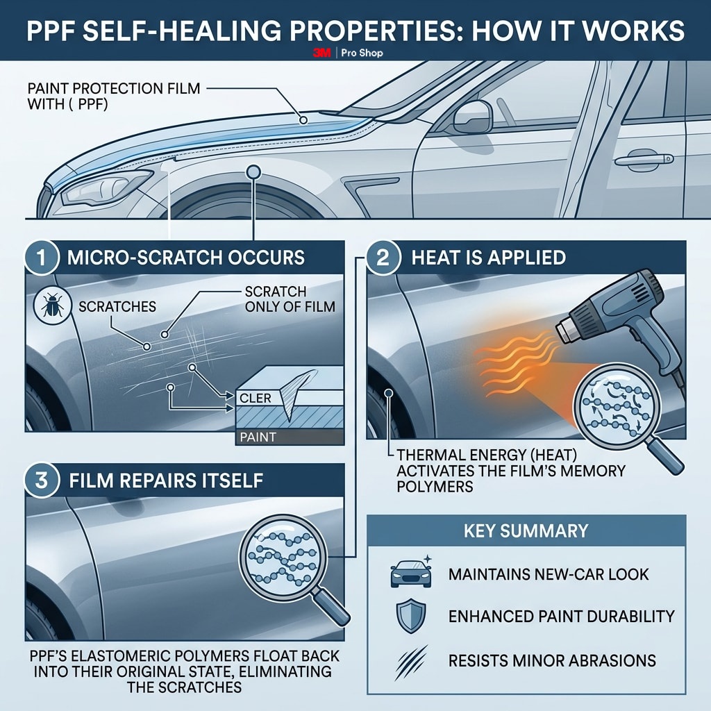 Self-healing PPF infographic showing why shallow top-coat scratches may recover but deep cuts cannot.