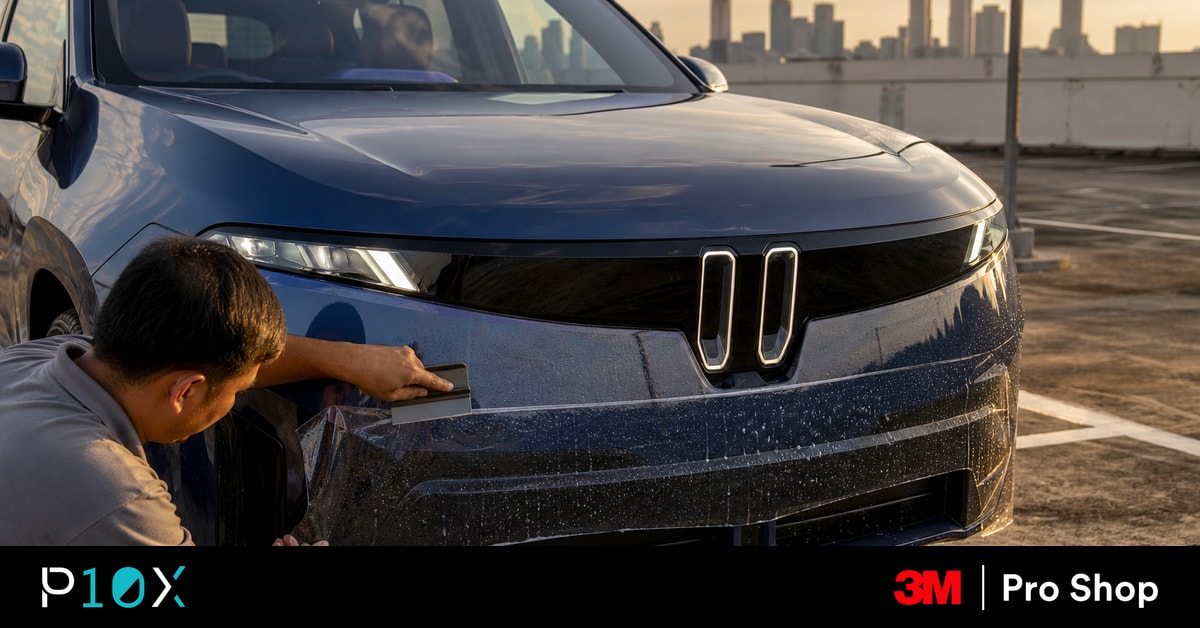 BMW iX3 PPF being applied to the front bumper of a new blue electric SUV in a KL carpark.