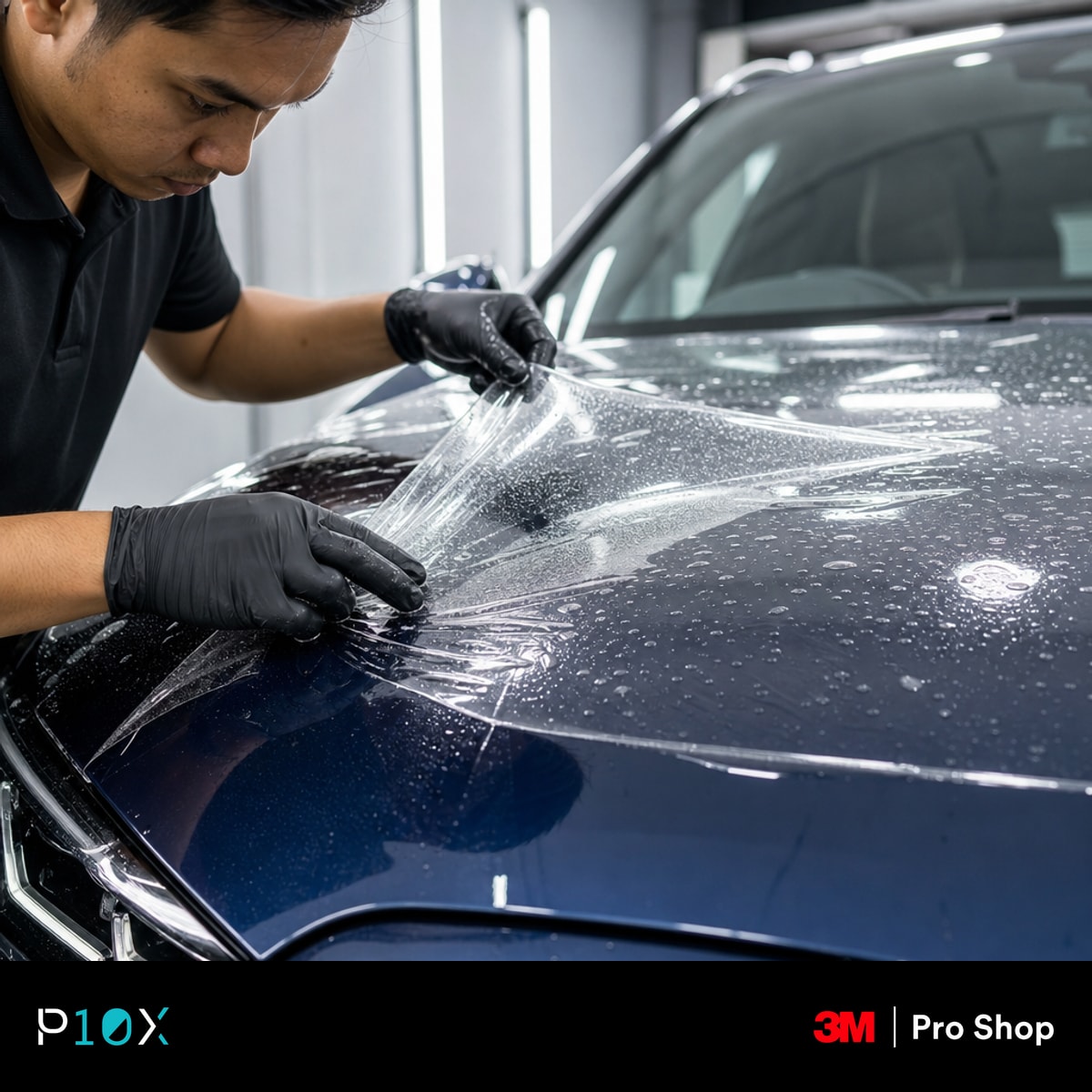 A professional technician applies paint protection film to a new BMW iX3 in a premium Malaysian detailing studio.