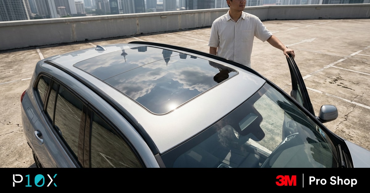 BMW iX3 window tint decision shown on a grey electric SUV with a panoramic glass roof in a KL rooftop carpark.