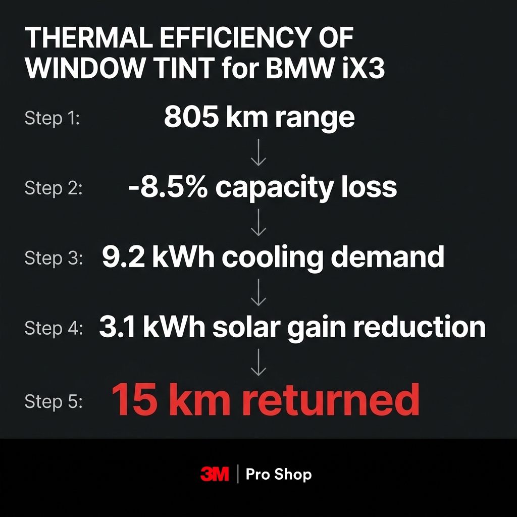 Calculation showing BMW iX3 window tint returning about 15 km of range per charge in hot weather.