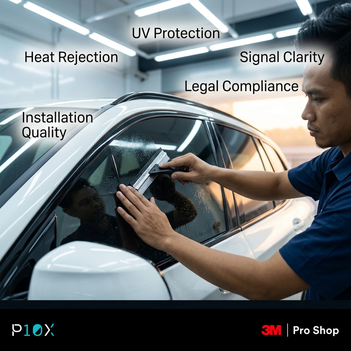 A sleek electric vehicle's side window featuring high-performance window tinting, parked on a bright street in Kuala Lumpur with a tropical sun glare.