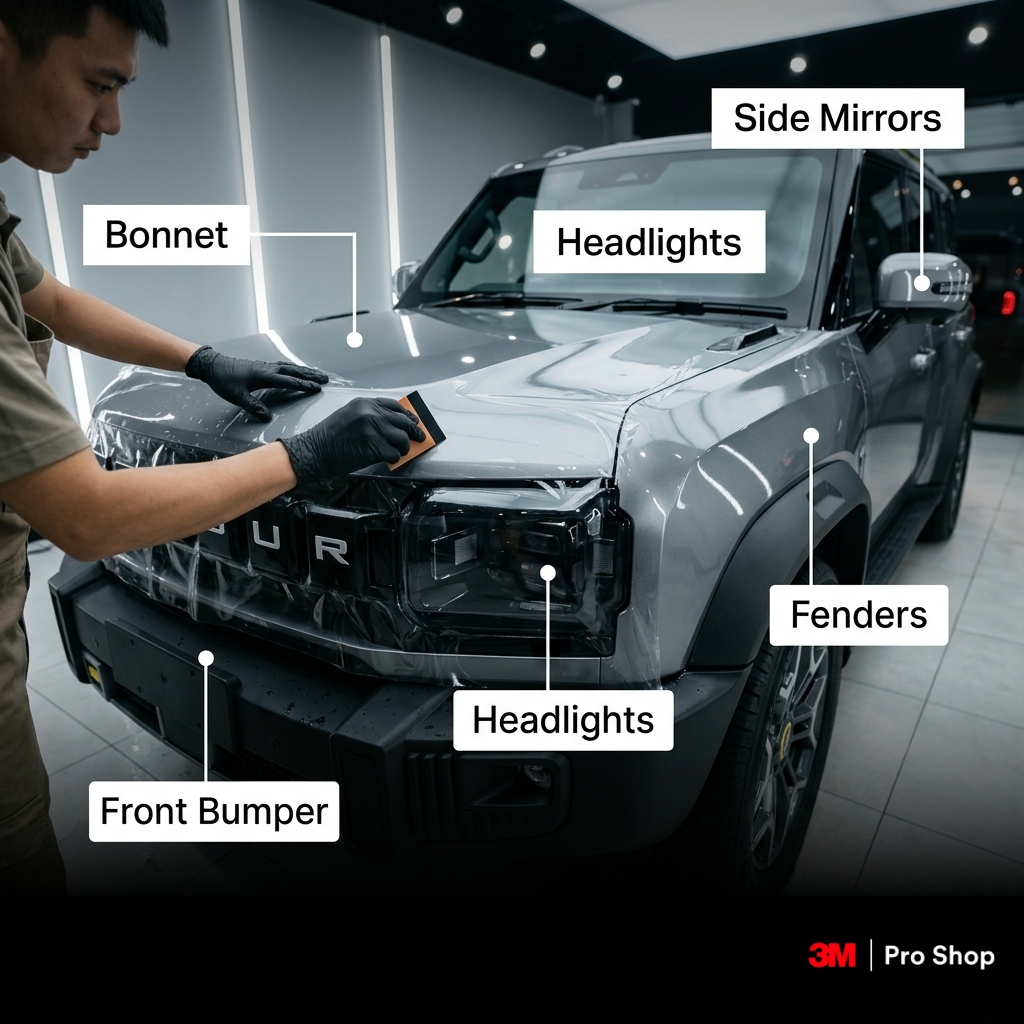 A close-up of a luxury car bonnet in a Malaysian workshop featuring a glossy transparent paint protection film layer.