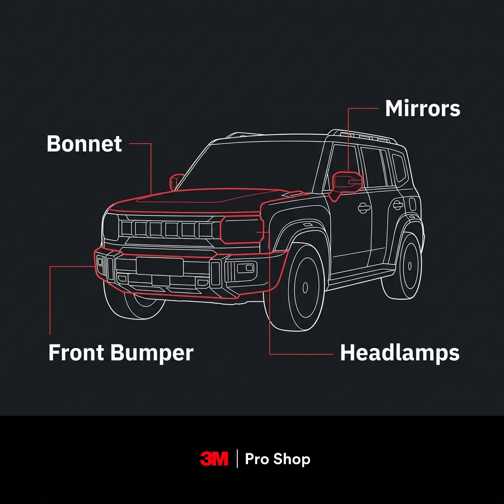 Jetour T1 PPF panel priority map marking the bonnet, bumper, mirrors and headlamps as protect first zones
