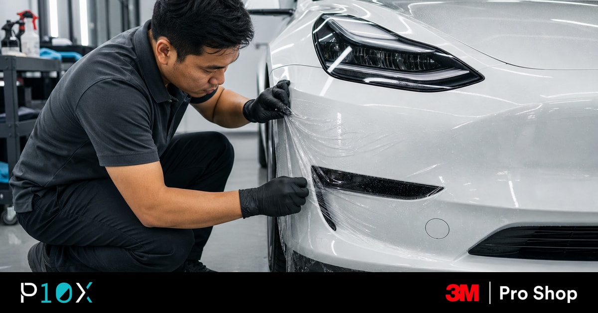Technician checking the bonnet leading edge of a white Tesla Model 3 before PPF installation in a Malaysian carpark.