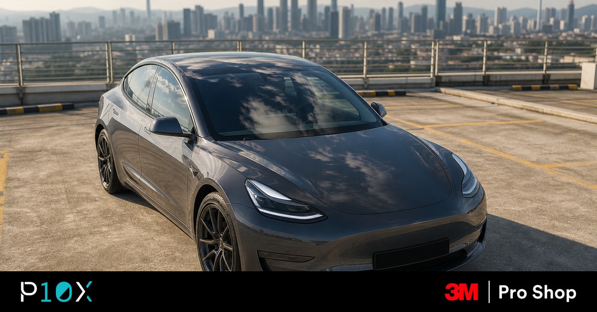 Tesla Model 3 parked on an open mall carpark deck in Malaysia, panoramic glass roof reflecting afternoon sun.