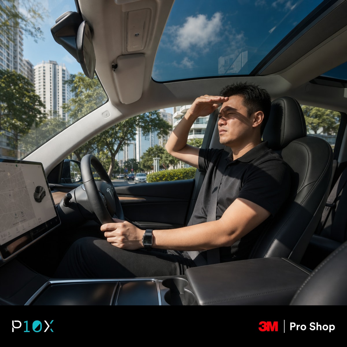 An Asian driver in a Tesla Model 3 squinting under the harsh midday sun shining through the large panoramic glass roof in a Kuala Lumpur street.