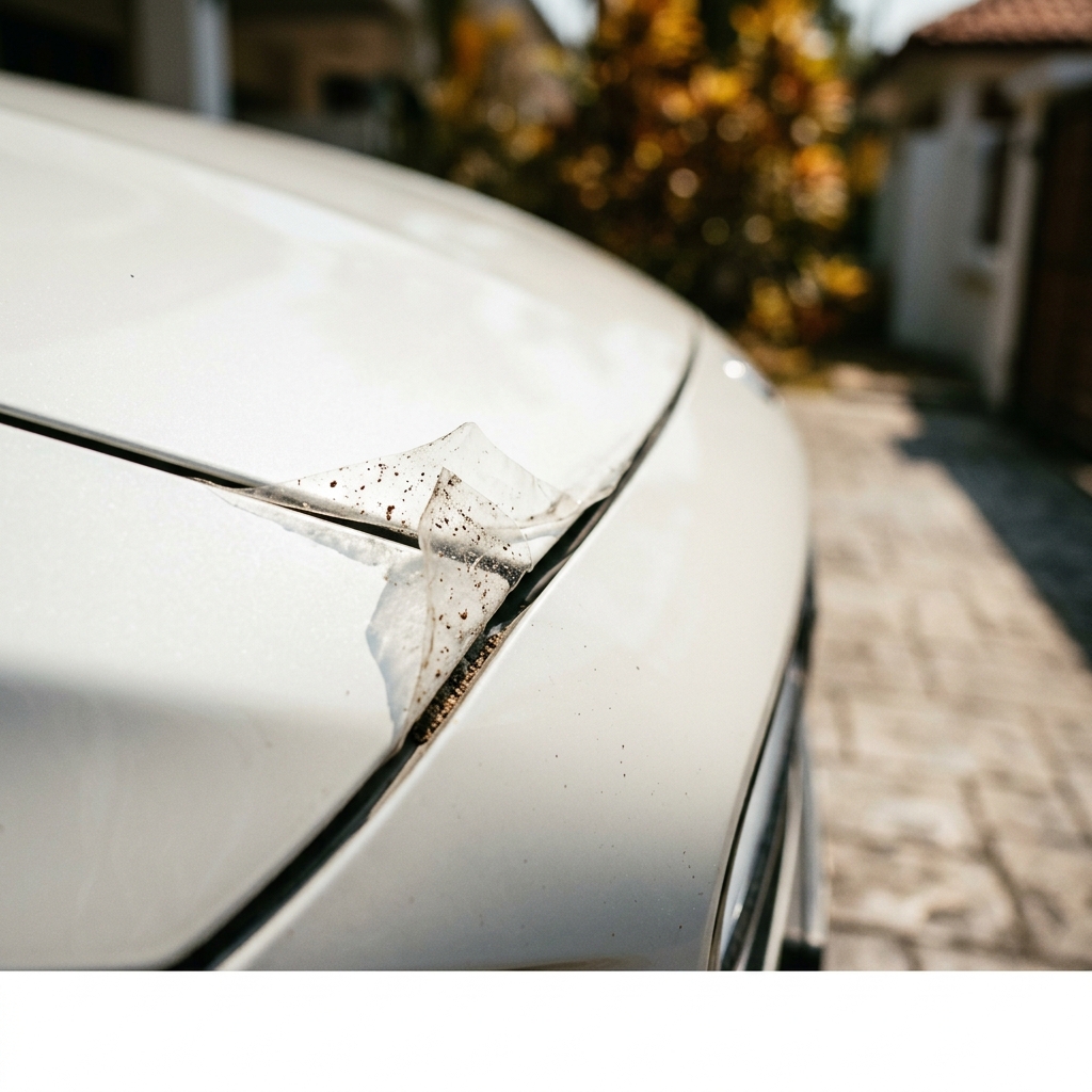 Macro shot of car paint protection film peeling at the panel edge with visible road grime underneath.