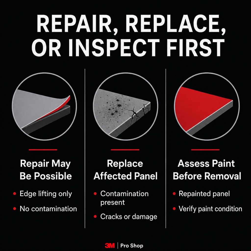 Peeling PPF replacement infographic comparing repair, affected-panel replacement, and paint assessment.