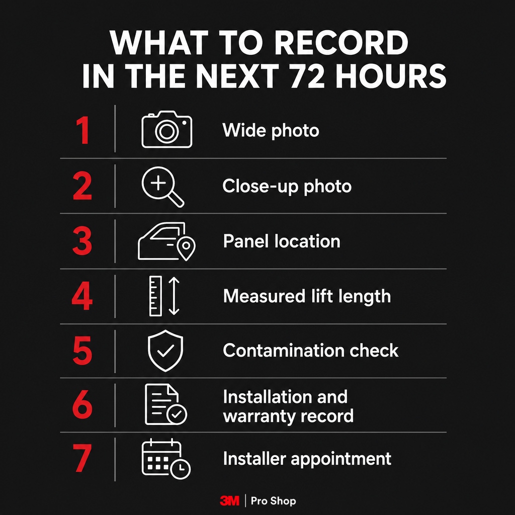 Peeling PPF inspection checklist for Malaysian drivers documenting a lifted edge before repair.