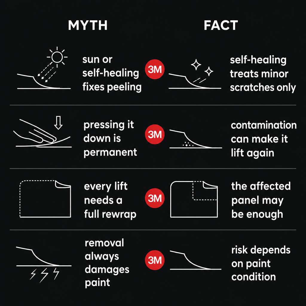 Peeling PPF replacement myths explaining self-healing, pressing edges, panel scope, and removal risk.