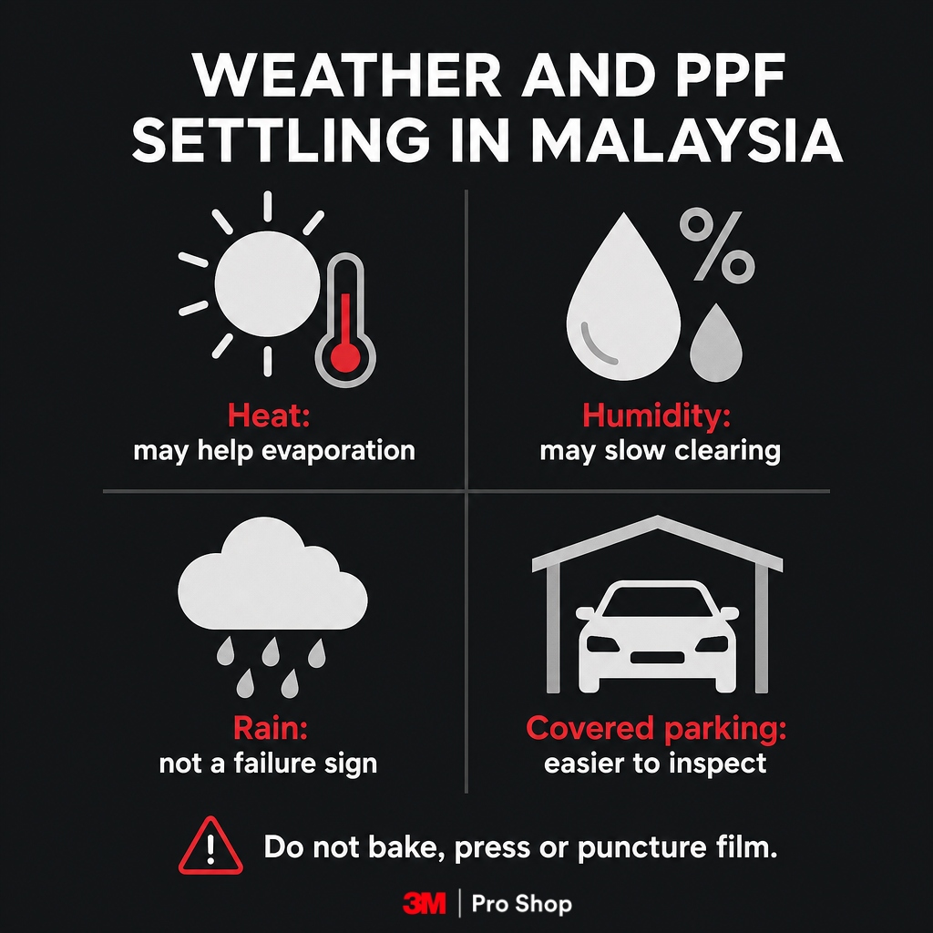 PPF curing time infographic showing how Malaysian heat, humidity, rain, and parking affect settling.