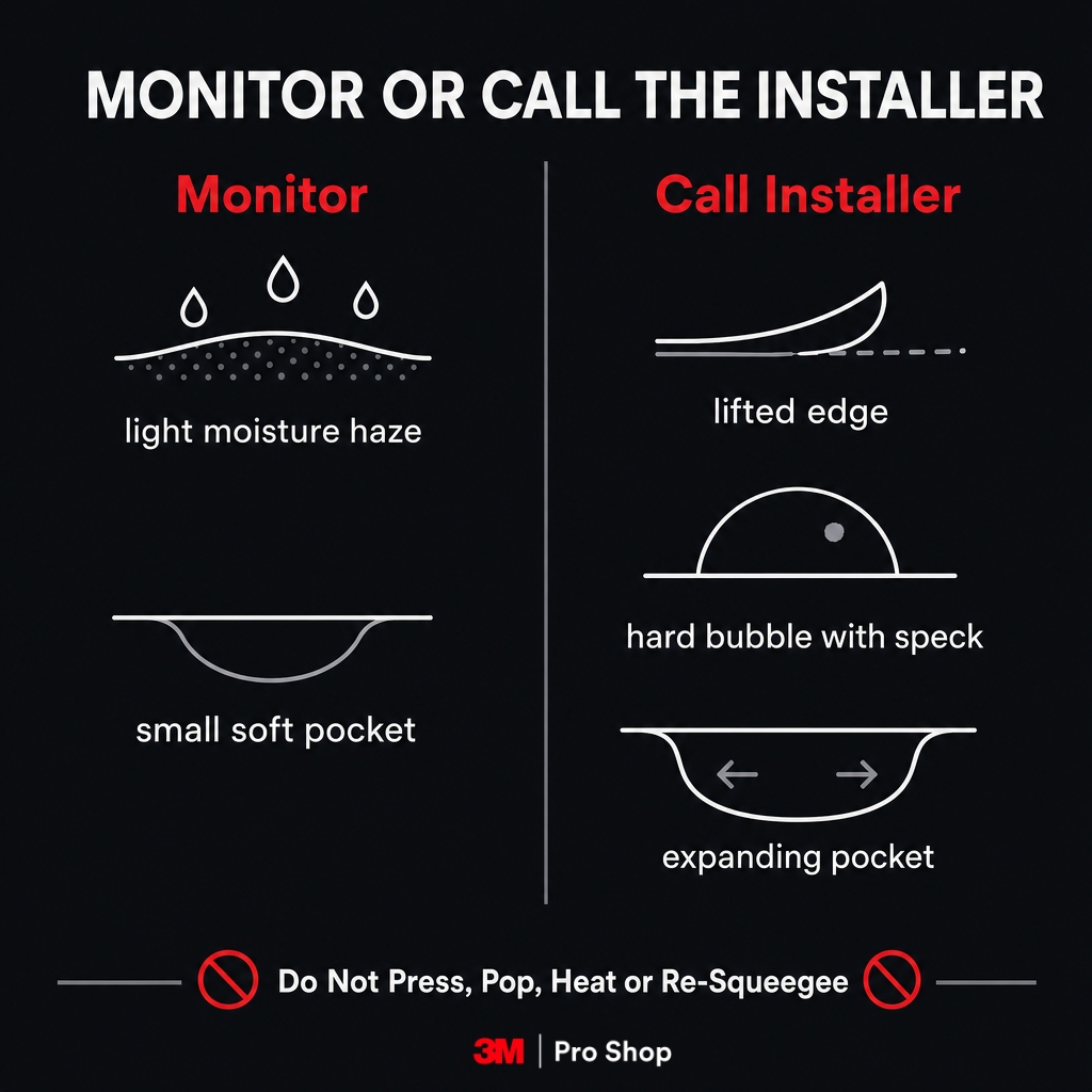 Fresh PPF warning-sign infographic comparing normal moisture haze with edge lifting and debris bubbles.