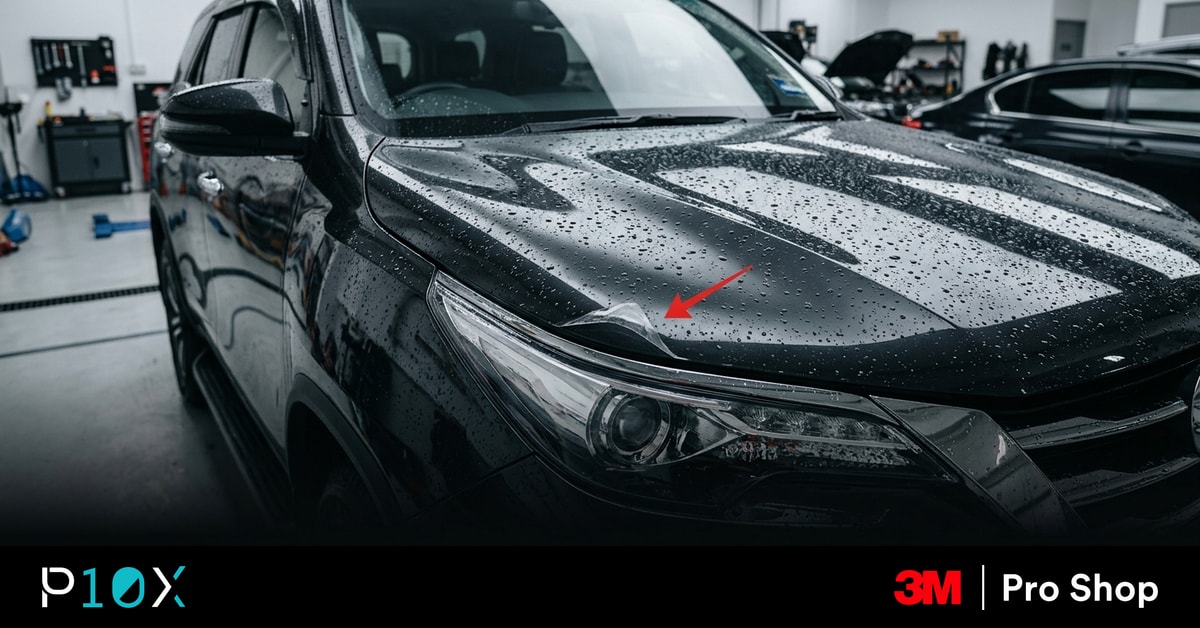 Peeling PPF replacement question shown by a lifted film edge on a silver car bonnet.