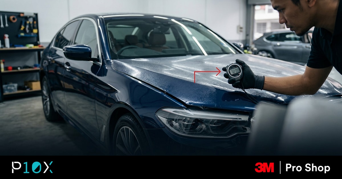 PPF curing time shown by a 72-hour no-wash reminder card on a freshly protected dark blue sedan before washing.