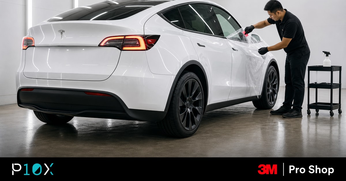 White Tesla Model Y with the tailgate open in a Malaysian mall carpark, groceries loaded over the boot lip.