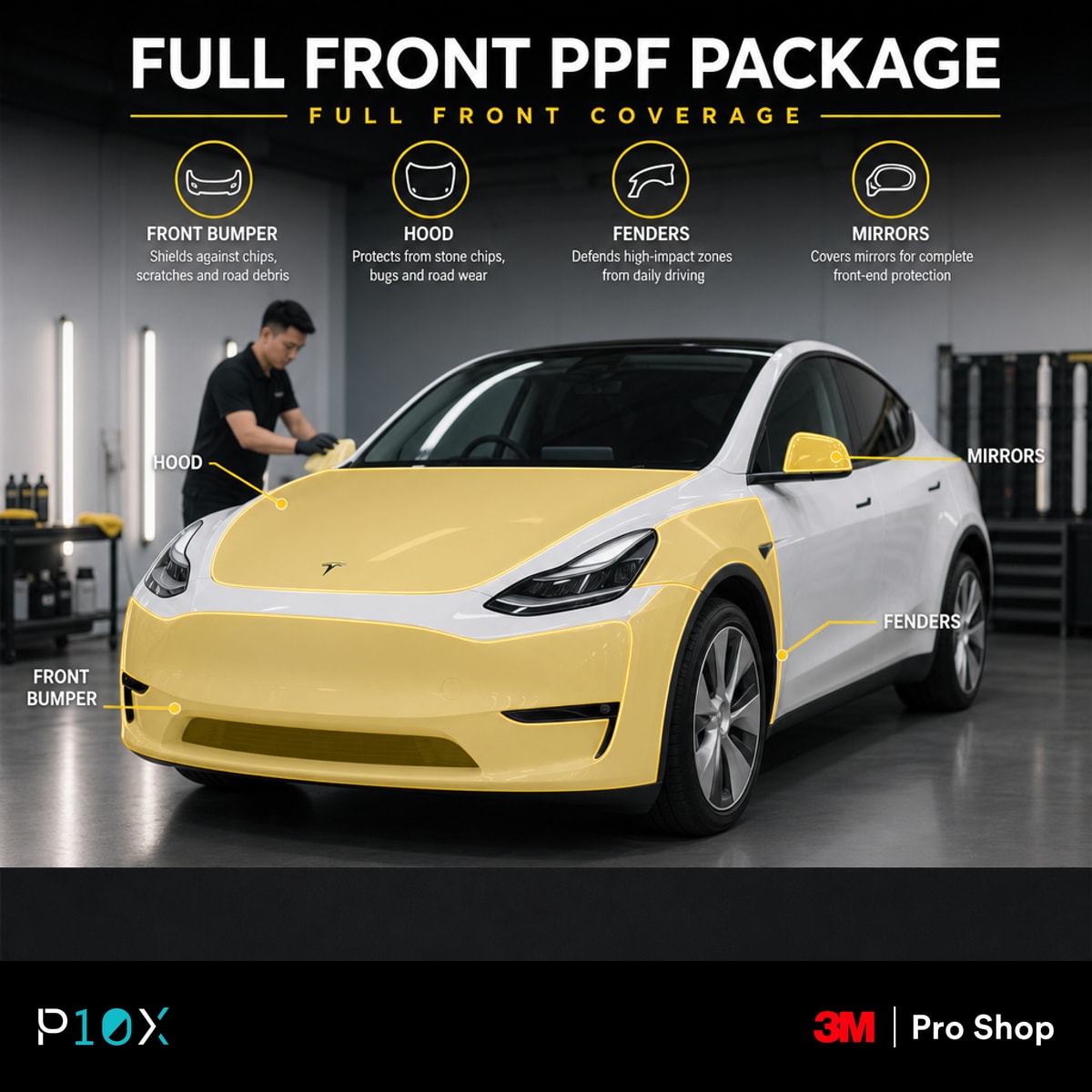 A detailed view of a luxury car's front section in a Malaysian detailing studio, showing the specific panels included in a full front PPF package.