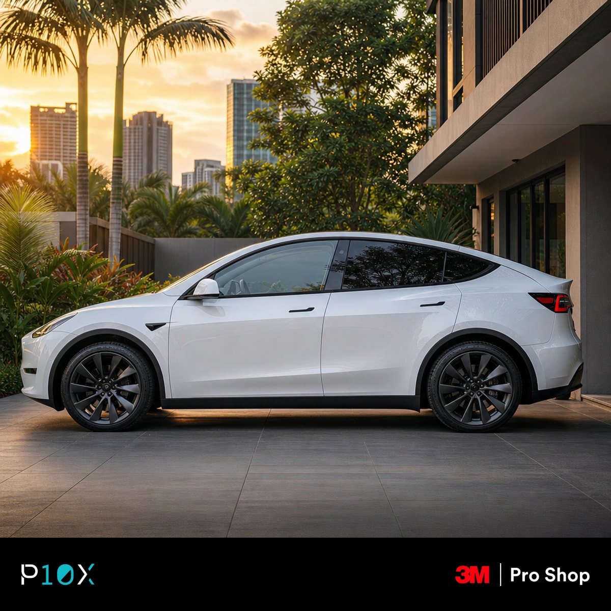 A side view of a white Tesla Model Y in a Kuala Lumpur driveway, showing clear front glass and dark factory-tinted rear glass.