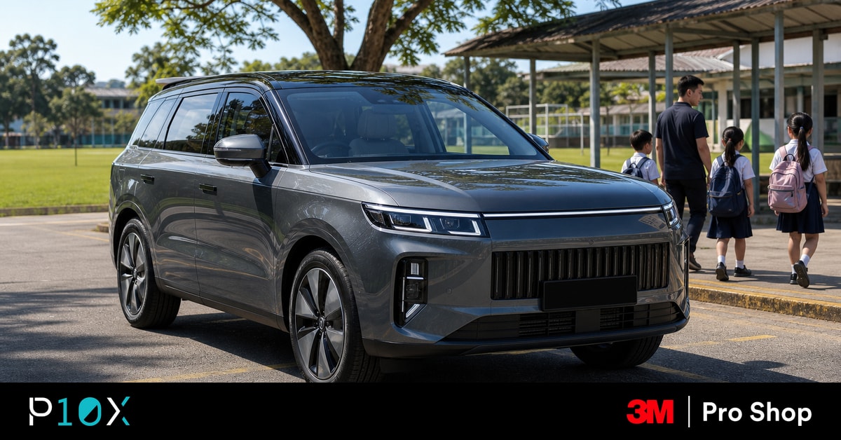 Compact grey SUV with a panoramic glass roof parked beside a Malaysian school field in strong afternoon sun