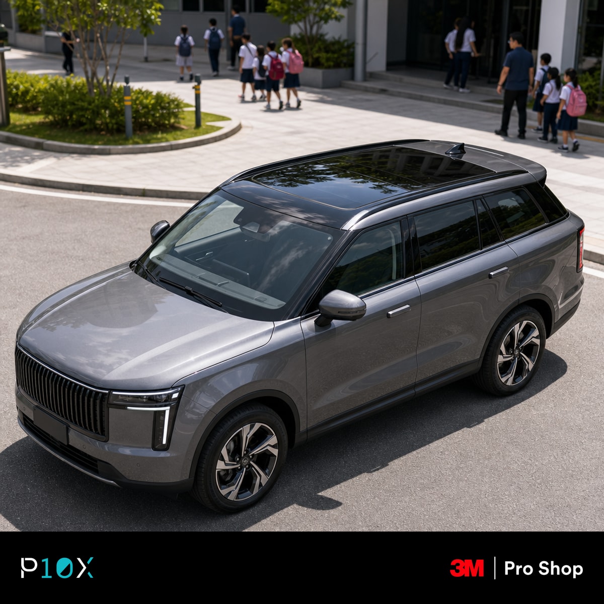 A Jaecoo J5 parked in Kuala Lumpur under the intense midday sun, focusing on its large panoramic glass roof.