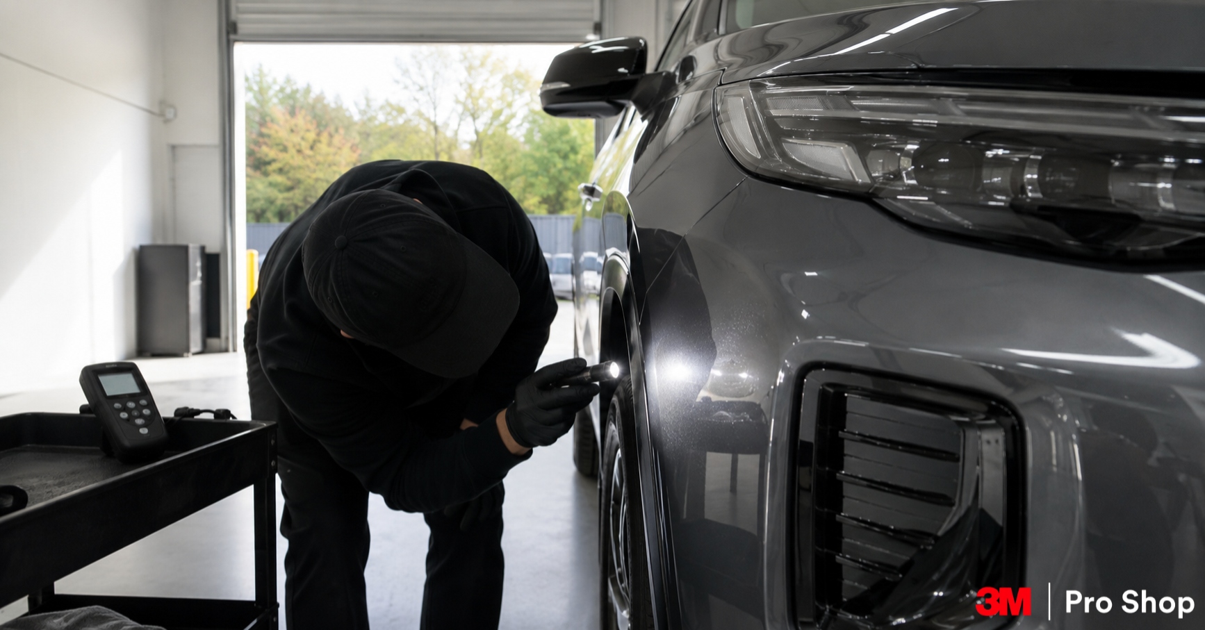 Jaecoo J7 PPF preparation, with a technician checking paint condition under a low angle light before film goes on.