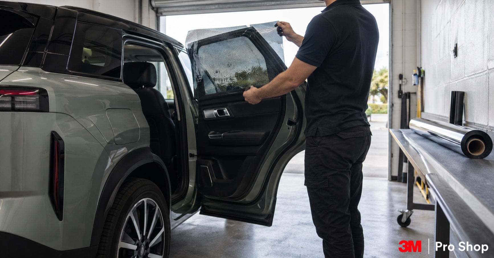 Jaecoo J7 window tint being checked against a rear door pane before fitting in a professional film bay.