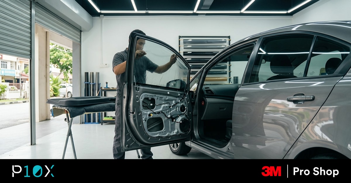 Window tint installation in progress on a family sedan, with the door panel removed and film held against the glass.